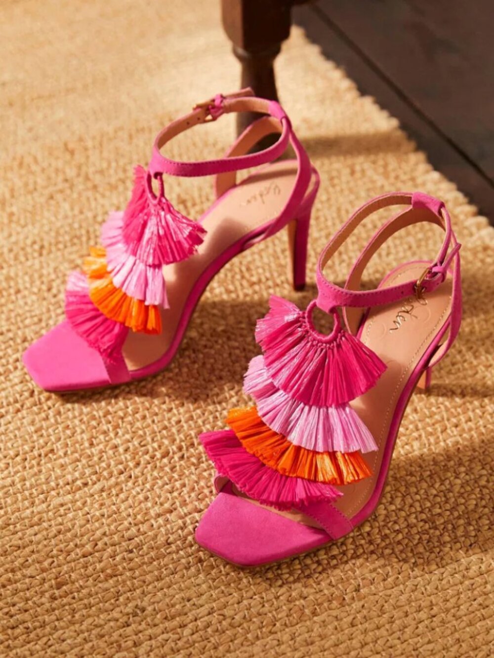 Boden Sarah Fringe Heeled Sandals Tassel Suede High Heel Shoes Open Toe Pink 7